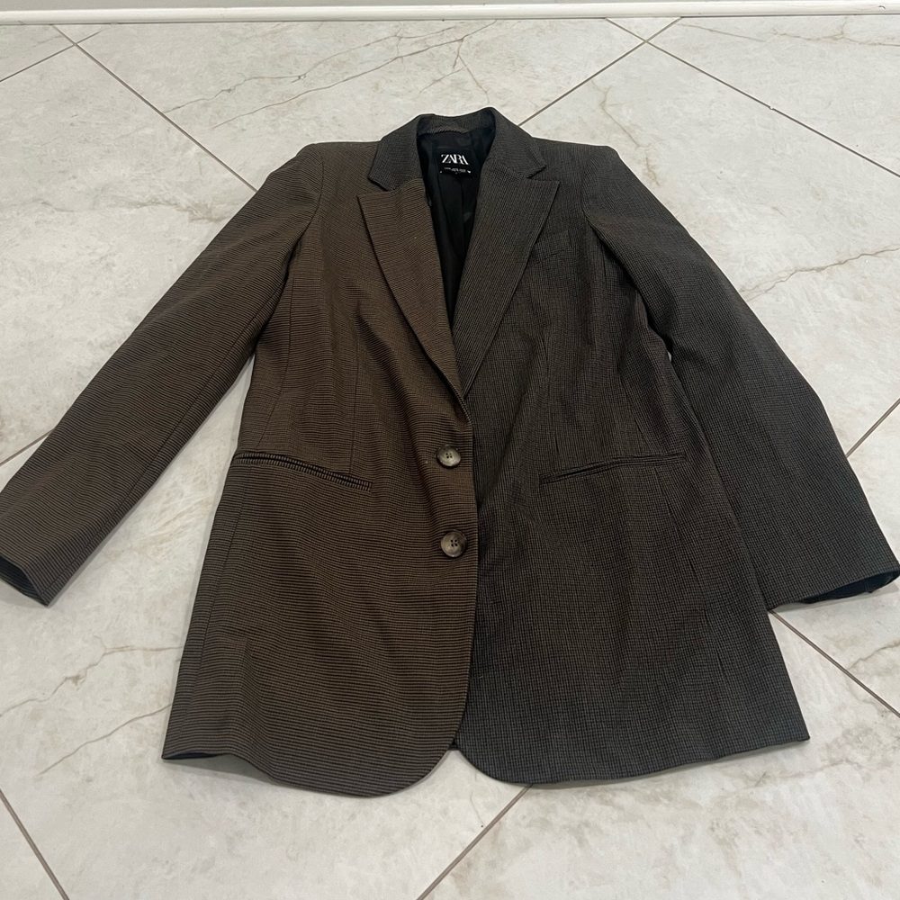 Zara Brown Mixed Check Oversized Blazer Size XS